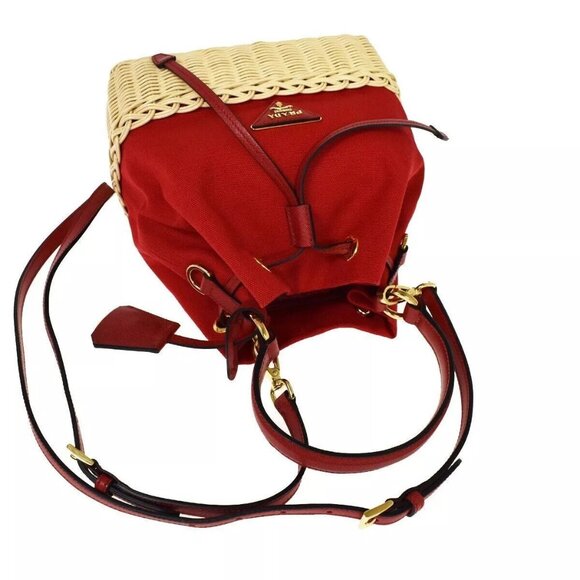 PRADA Logo Plage Wicker 2Way Shoulder Hand Bag Canvas Leather Red Gold 678RH125 - Picture 6 of 15